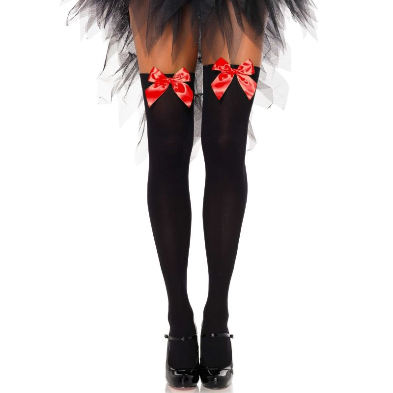 LEG AVENUE – BLACK NYLON THIGH HIGHS WITH RED BOW ONE SIZE – Default Title