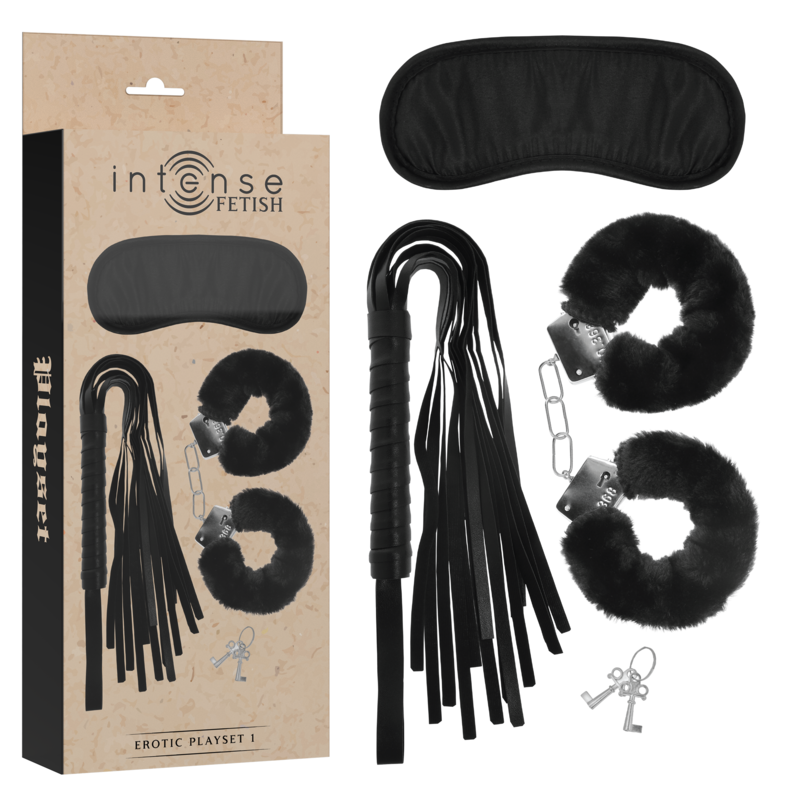 Set erotic Fetish 1 cu catuse, masca pentru ochi si bici (flogger)