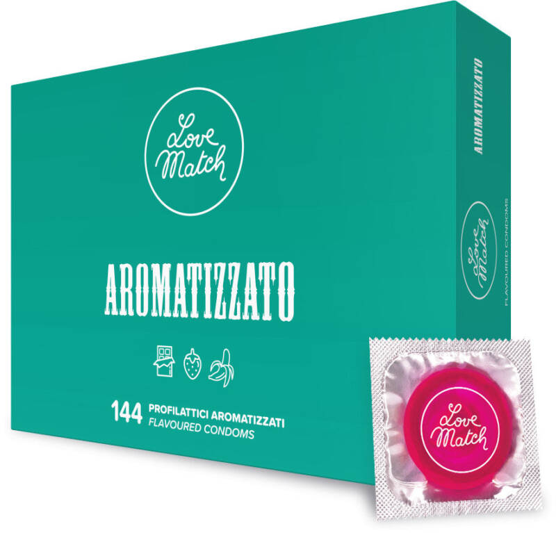Prezervative LOVE MATCH Aromatizzato, din latex, cu arome de ciocolată, căpșuni și banane, diametru 53 mm, 144 buc