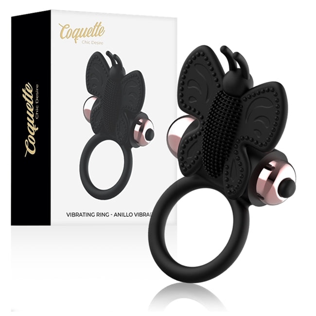 Inel vibrator pentru penis COQUETTE TOYS – Butterfly cock ring, pentru imbunatatirea performantelor sexuale si stimularea clitorisului, din silicon, negru