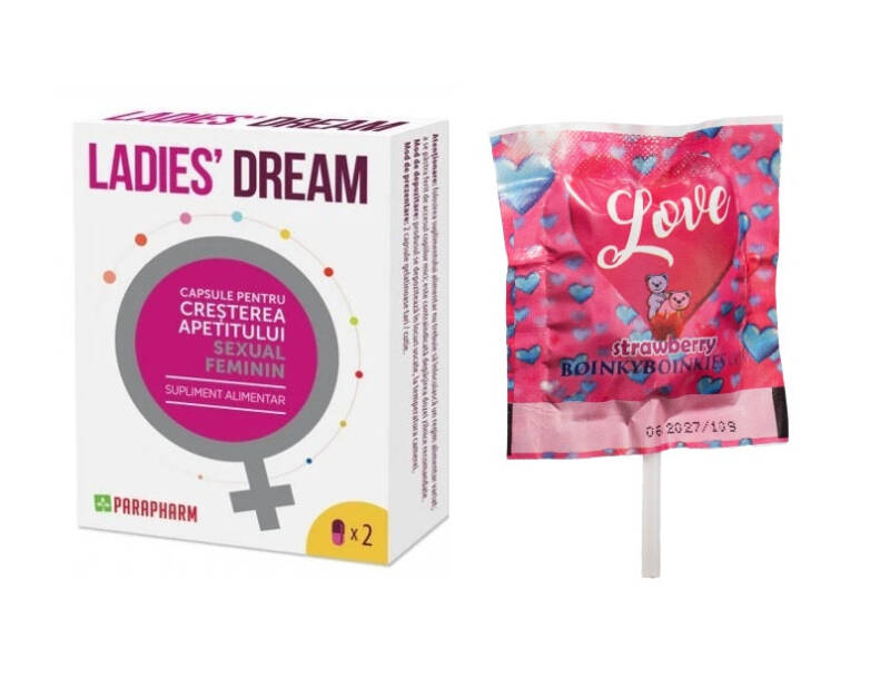SET: Capsule LADIES DREAM, cresterea apetitului sexual si libidoului feminin, 2 capsule + Boinky Lollipop Pink –  Acadea cu efect afrodisiac, aromă de căpșuni, Ashwagandha și Maca, 1 buc – Default Title