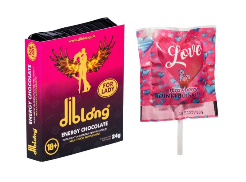 SET: Diblong Energy Chocolate for Lady – supliment alimentar pentru femei pe bază de ciocolată, cu plante care susțin sănătatea sexuală și recăpătarea energiei, 24g + Boinky Lollipop Pink – Acadea afrodisiaca, aromă de căpșuni, Ashwagandha și Maca, 1 buc