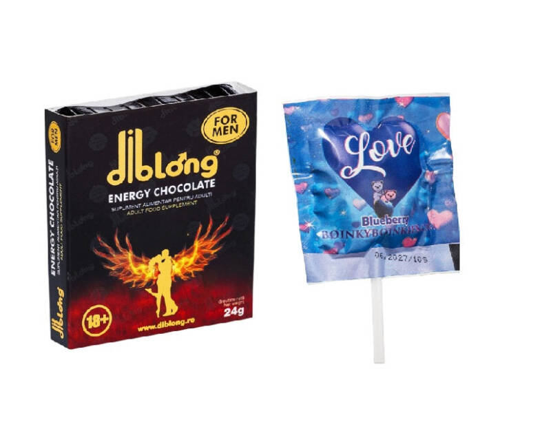 SET: Diblong Energy Chocolate For Men – supliment alimentar pentru bărbați pe bază de ciocolată, cu plante care susțin sănătatea sexuală și funcția erectilă, 24g + Boinky Lollipop Blue – Acadea afrodisiaca, aromă de afine, Ashwagandha și Maca, 1 buc – De