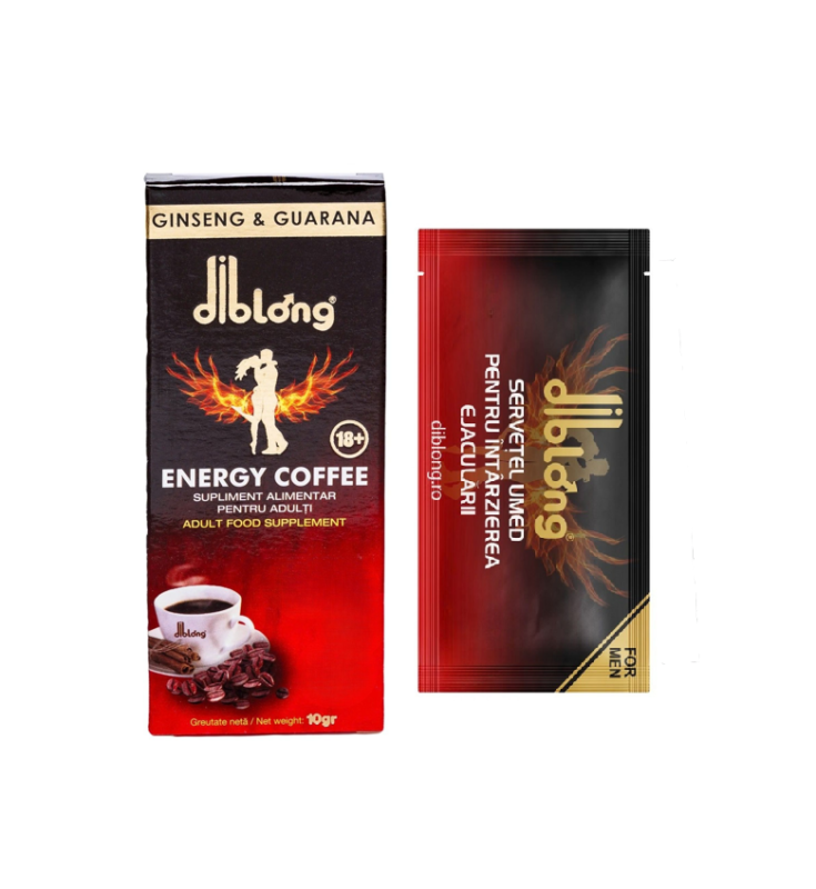 SET: Diblong Energy Coffee – supliment alimentar pentru bărbați, formula de cafea instant cu plante care susțin sănătatea sexuală și funcția erectilă, 10g + Diblong Delay Wipe – Default Title