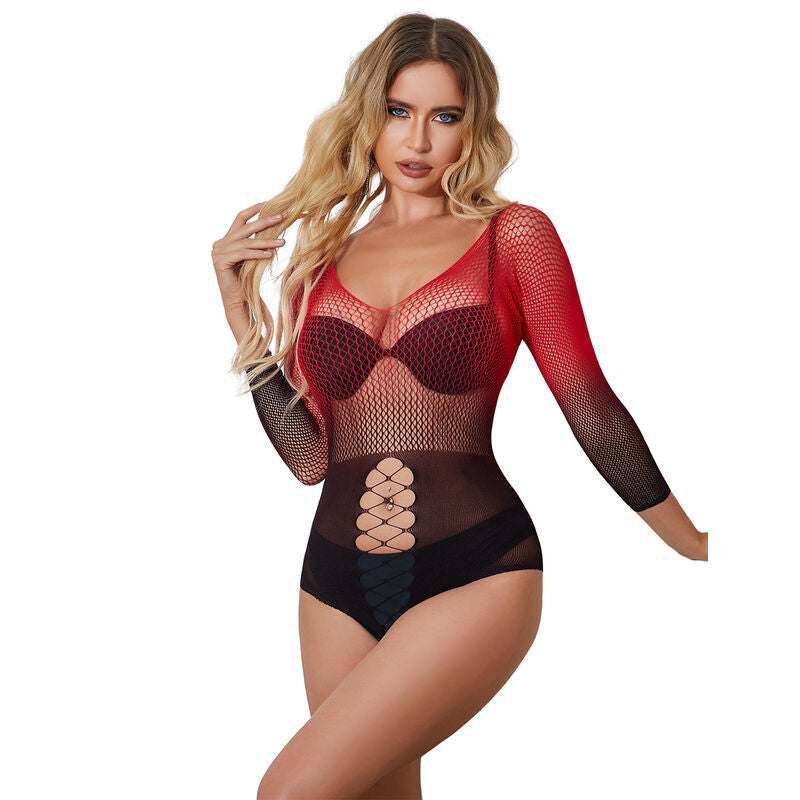 SUBBLIME – 952259 RED AND BLACK GRADIENT LONG SLEEVE ELASTIC FISHNET DRESS ONE SIZE – Default Title