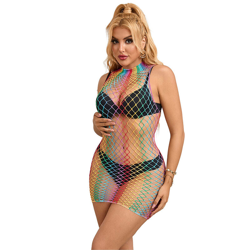 SUBBLIME – 952433 RAINBOW HIGH NECK SLEEVELESS FISHNET DRESS ONE SIZE – Default Title