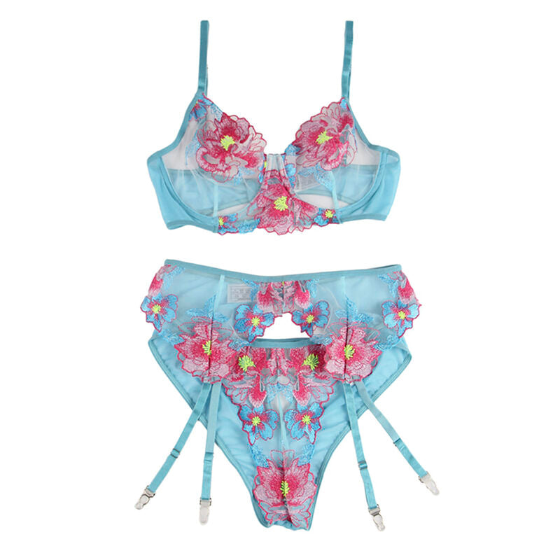 SUBBLIME – 954116 BRA + PANTIES WITH GARTER BELT FLORAL DESIGN BLUE L/XL – Default Title